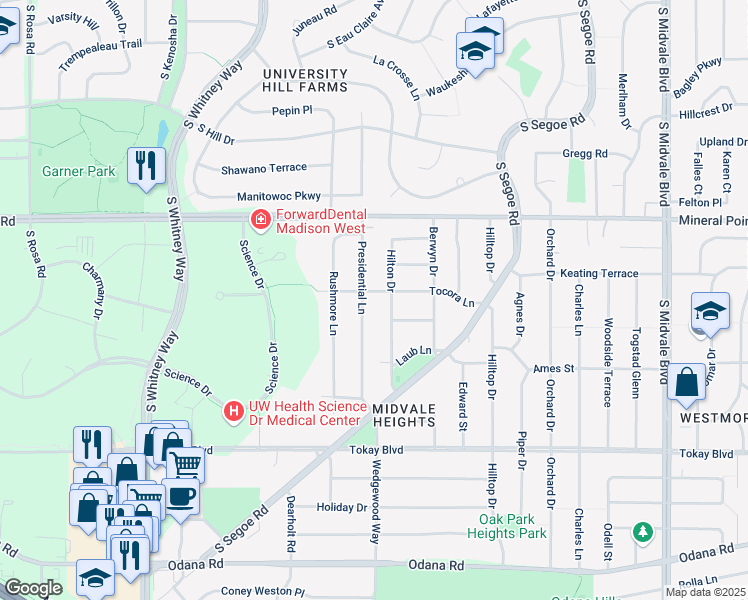 map of restaurants, bars, coffee shops, grocery stores, and more near 439 Hilton Drive in Madison