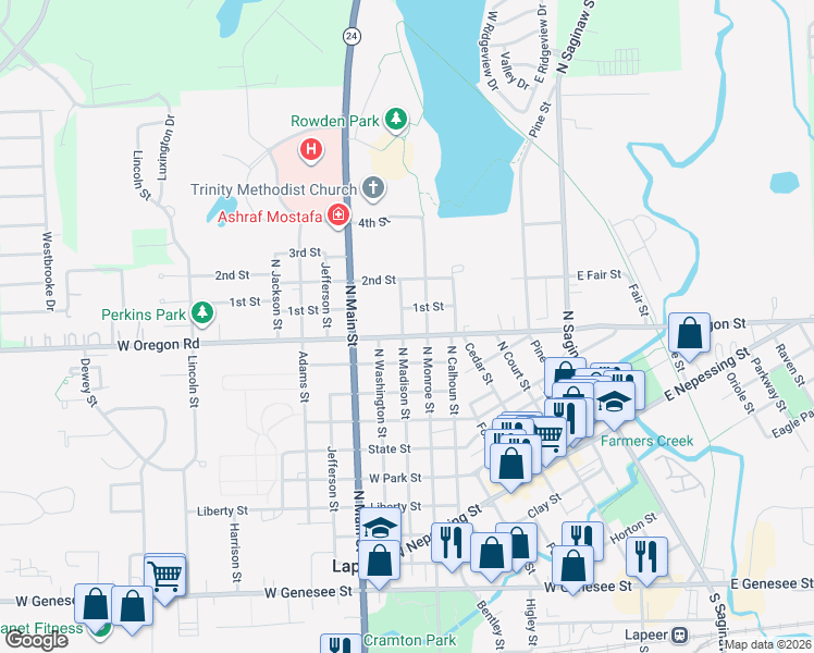 map of restaurants, bars, coffee shops, grocery stores, and more near 1109 North Madison Street in Lapeer