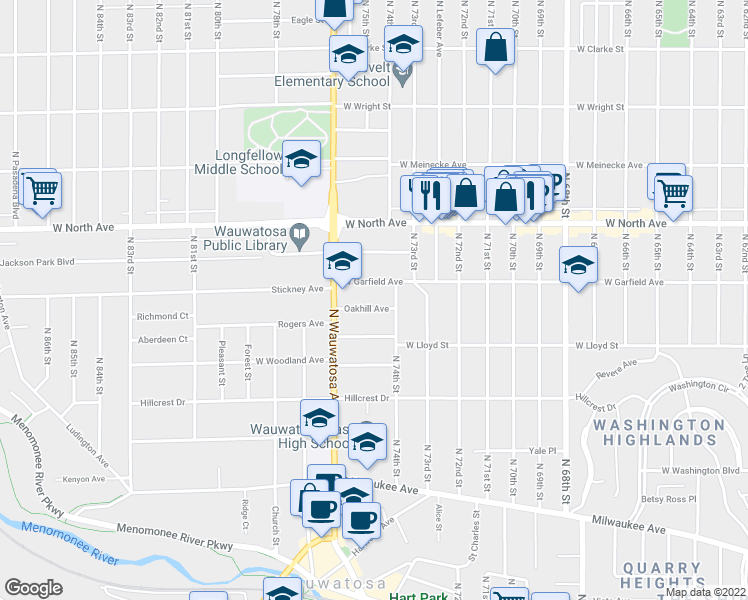 map of restaurants, bars, coffee shops, grocery stores, and more near 7402 West Garfield Avenue in Wauwatosa