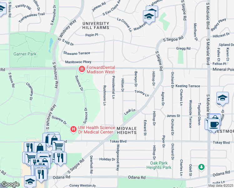 map of restaurants, bars, coffee shops, grocery stores, and more near 439 Hilton Drive in Madison
