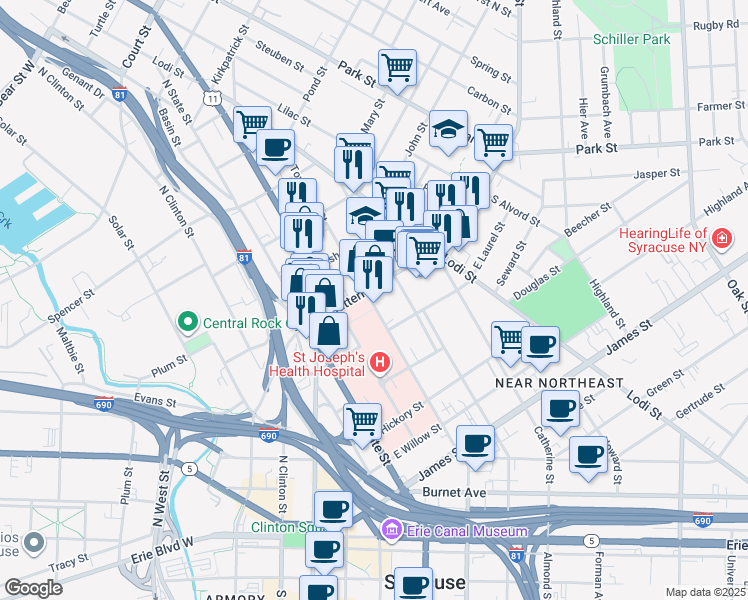 map of restaurants, bars, coffee shops, grocery stores, and more near 714 North Townsend Street in Syracuse