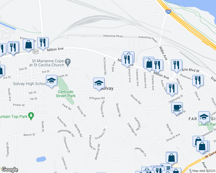 map of restaurants, bars, coffee shops, grocery stores, and more near 209 North Orchard Road in Solvay