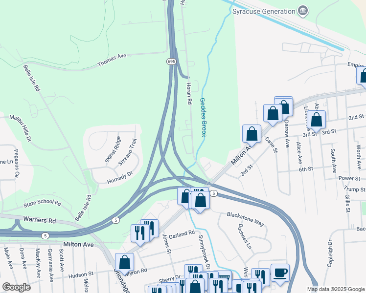 map of restaurants, bars, coffee shops, grocery stores, and more near 458 Horan Road in Syracuse