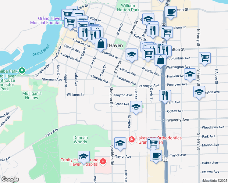 map of restaurants, bars, coffee shops, grocery stores, and more near 515 Howard Avenue in Grand Haven