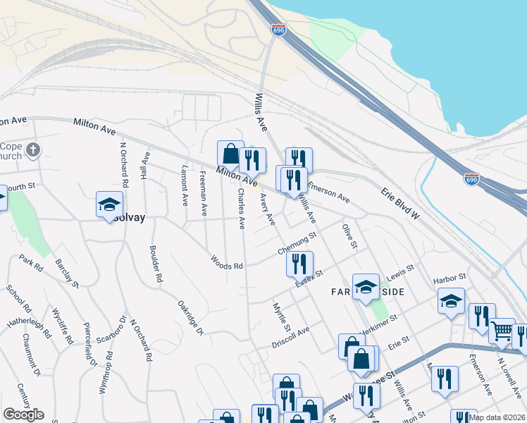 map of restaurants, bars, coffee shops, grocery stores, and more near 1219 Milton Avenue in Syracuse