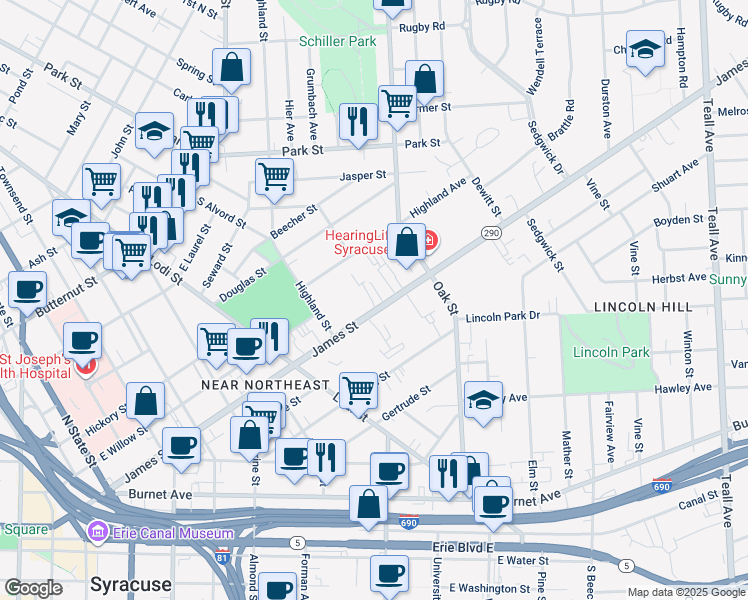 map of restaurants, bars, coffee shops, grocery stores, and more near 947 James Street in Syracuse