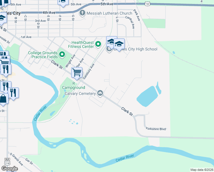 map of restaurants, bars, coffee shops, grocery stores, and more near 2104 Clarkview Drive in Charles City