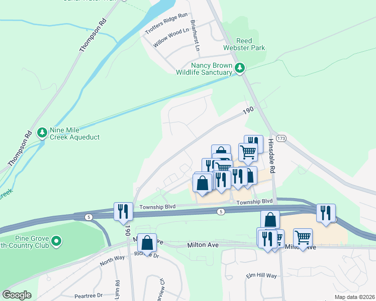 map of restaurants, bars, coffee shops, grocery stores, and more near 150 Bennett Road in Camillus
