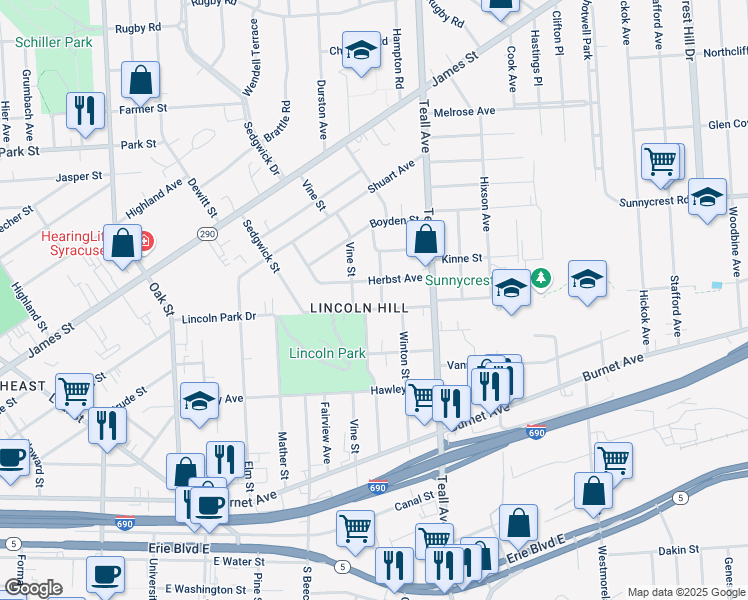 map of restaurants, bars, coffee shops, grocery stores, and more near 629 Winton Street in Syracuse