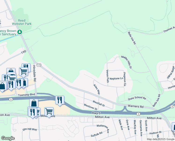 map of restaurants, bars, coffee shops, grocery stores, and more near 3802 Pegasus Circle in Syracuse