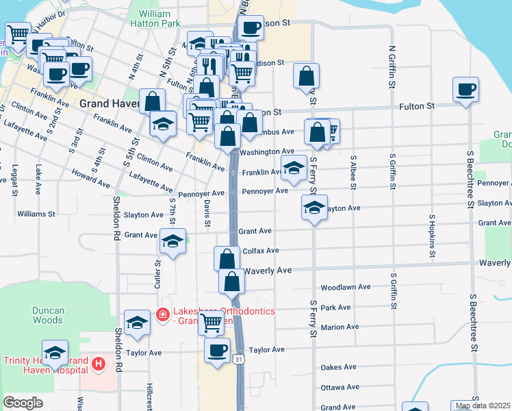 map of restaurants, bars, coffee shops, grocery stores, and more near 924 Pennoyer Avenue in Grand Haven