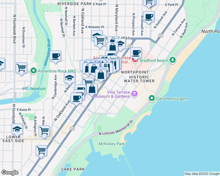 map of restaurants, bars, coffee shops, grocery stores, and more near 2233 North Summit Avenue in Milwaukee