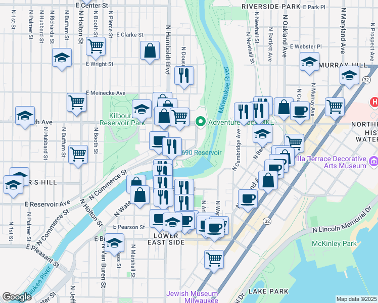 map of restaurants, bars, coffee shops, grocery stores, and more near 2175 North Commerce Street in Milwaukee