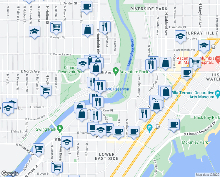 map of restaurants, bars, coffee shops, grocery stores, and more near 2175 North Commerce Street in Milwaukee