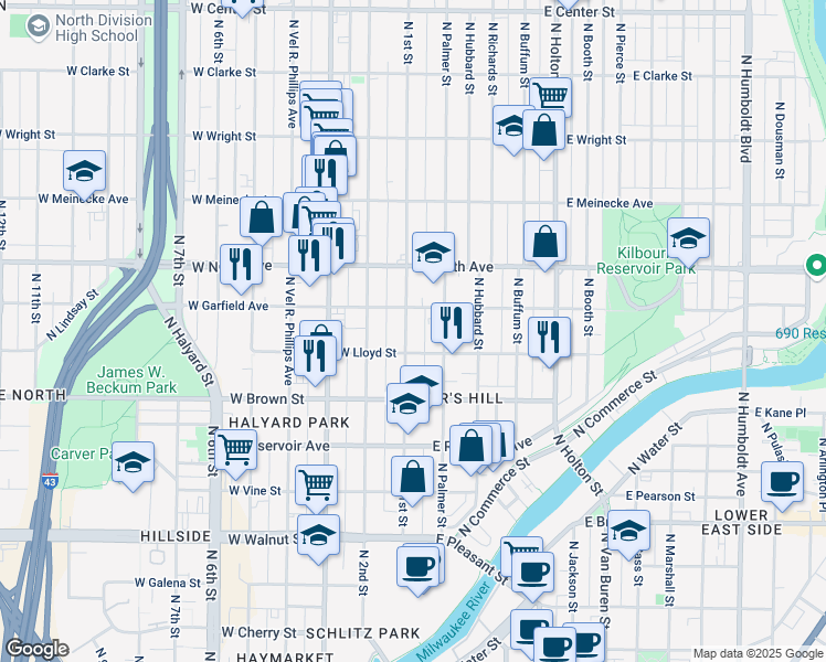 map of restaurants, bars, coffee shops, grocery stores, and more near 123 East Garfield Avenue in Milwaukee