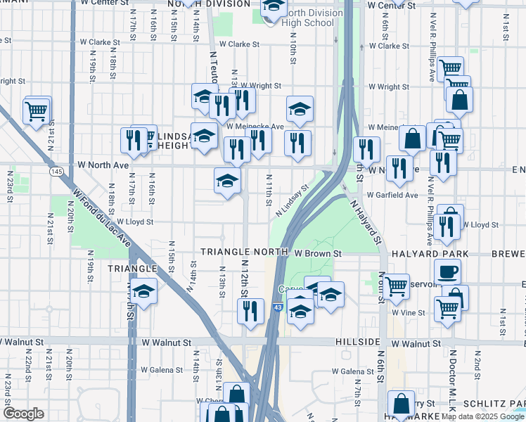 map of restaurants, bars, coffee shops, grocery stores, and more near 2152 North 11th Street in Milwaukee