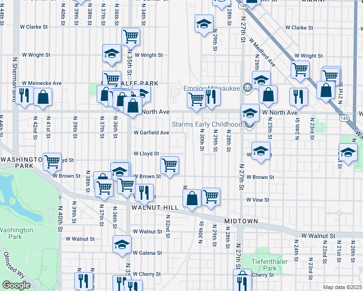 map of restaurants, bars, coffee shops, grocery stores, and more near 2154 North 31st Street in Milwaukee