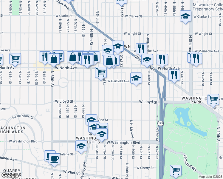 map of restaurants, bars, coffee shops, grocery stores, and more near 2186 North 53rd Street in Milwaukee