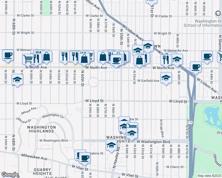 map of restaurants, bars, coffee shops, grocery stores, and more near 2188a North 57th Street in Milwaukee