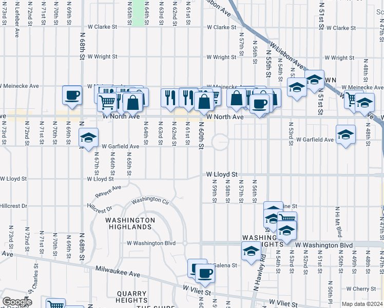 map of restaurants, bars, coffee shops, grocery stores, and more near 2202 North 61st Street in Wauwatosa