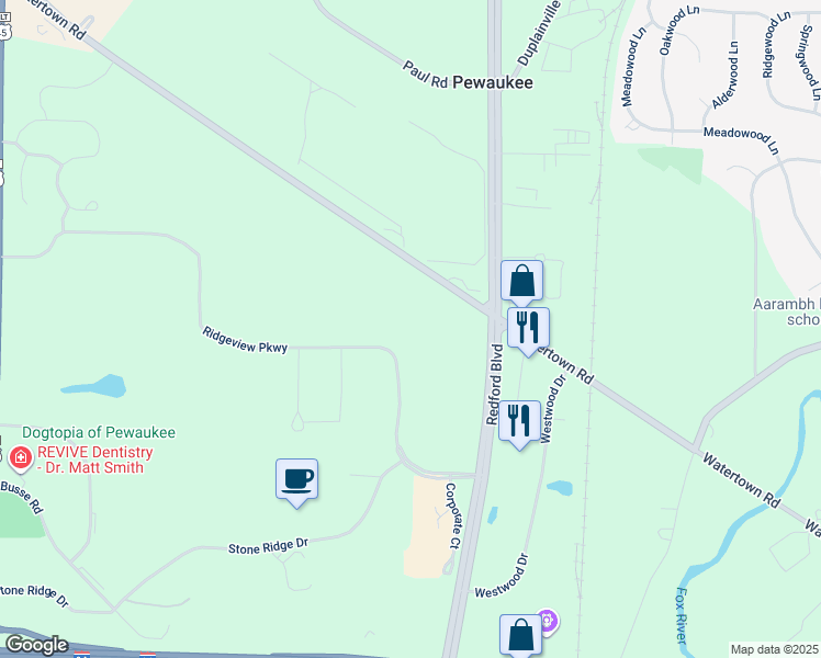 map of restaurants, bars, coffee shops, grocery stores, and more near Watertown Road in Pewaukee