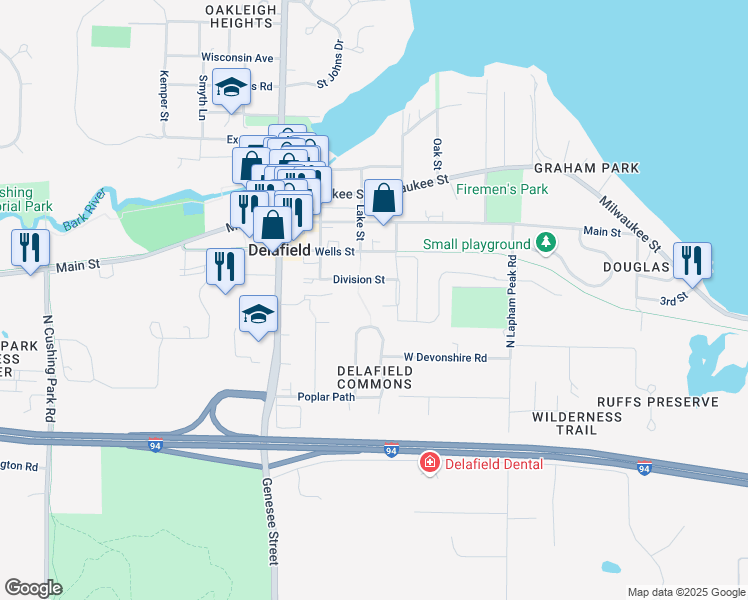 map of restaurants, bars, coffee shops, grocery stores, and more near 831 Division Street in Delafield