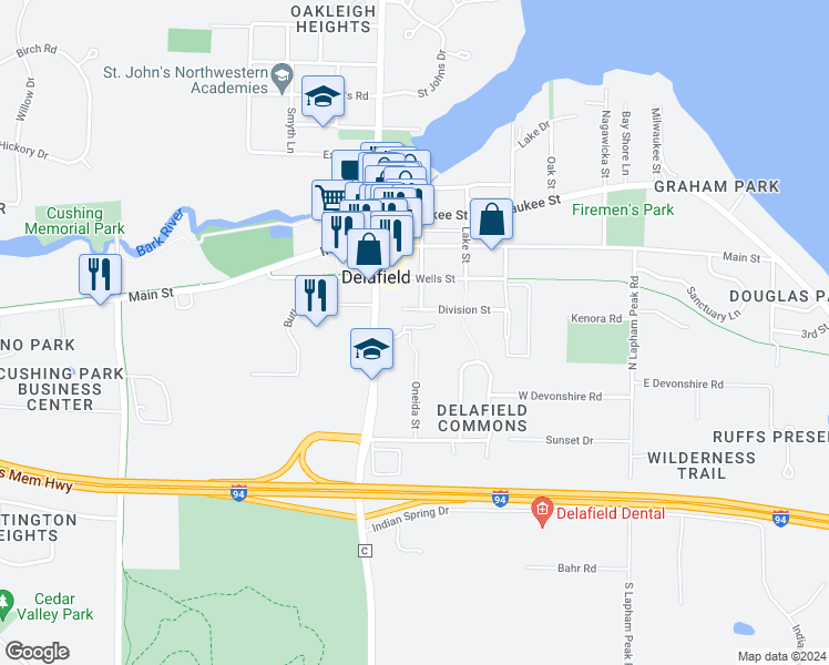 map of restaurants, bars, coffee shops, grocery stores, and more near 674 Division Street in Delafield