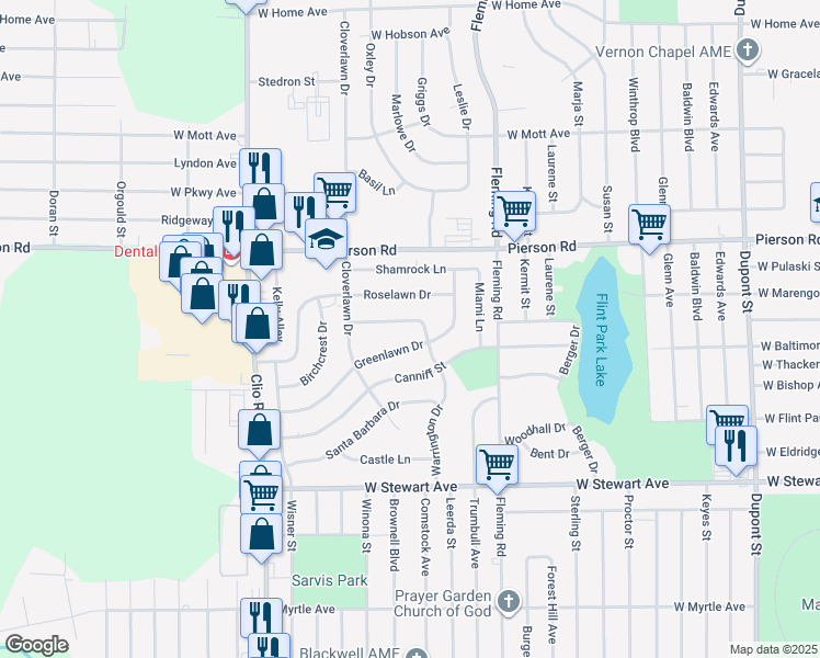 map of restaurants, bars, coffee shops, grocery stores, and more near 1810 Cherrylawn Drive in Flint