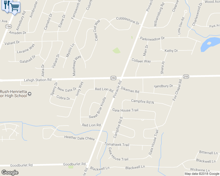 map of restaurants, bars, coffee shops, grocery stores, and more near 20 Red Lion Road in Henrietta