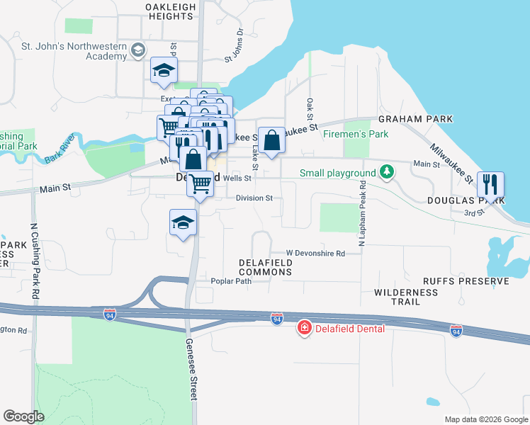 map of restaurants, bars, coffee shops, grocery stores, and more near 411 Bleeker Street in Delafield