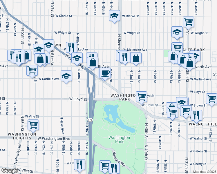 map of restaurants, bars, coffee shops, grocery stores, and more near 4409 West Lisbon Avenue in Milwaukee