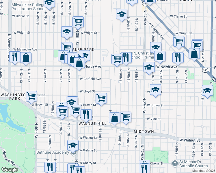 map of restaurants, bars, coffee shops, grocery stores, and more near 2154 North 31st Street in Milwaukee