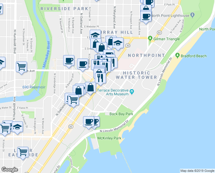 map of restaurants, bars, coffee shops, grocery stores, and more near 2032 East Kenilworth Place in Milwaukee