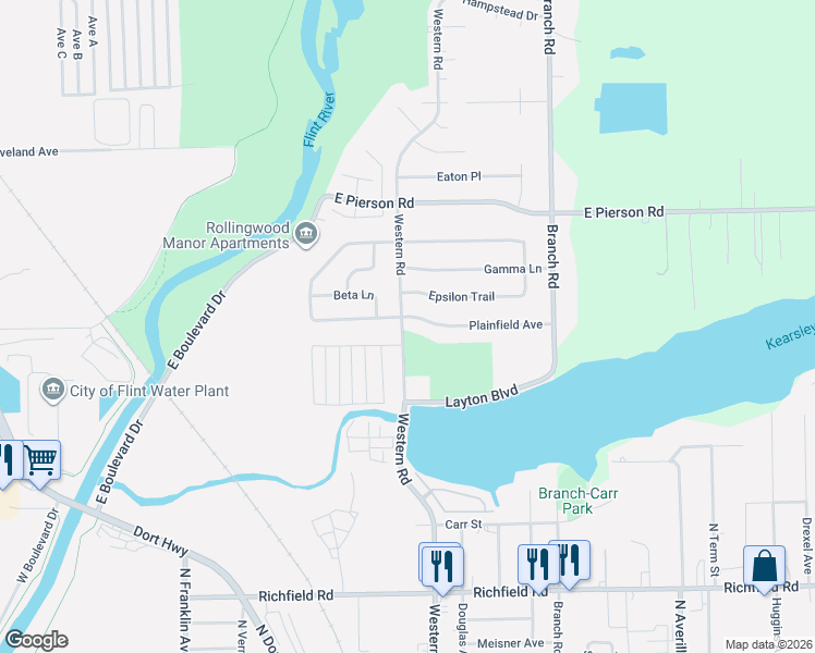 map of restaurants, bars, coffee shops, grocery stores, and more near 4802 Western Road in Flint