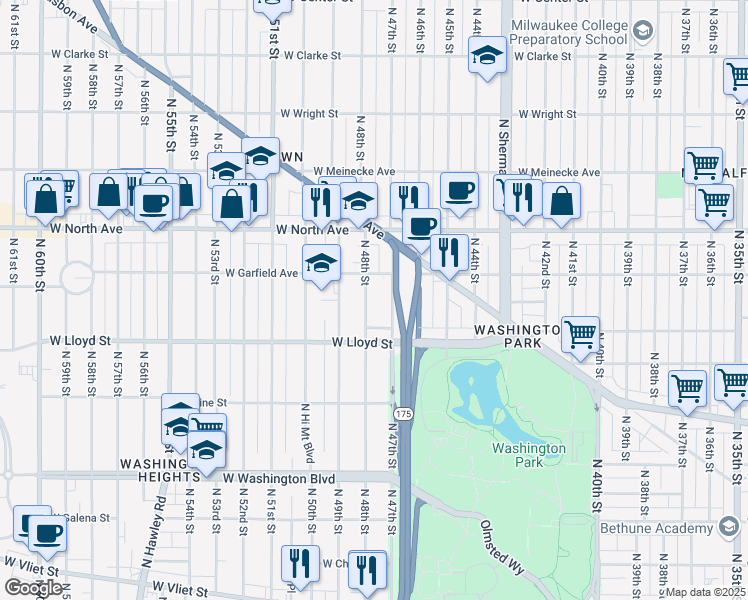 map of restaurants, bars, coffee shops, grocery stores, and more near 2184 North 48th Street in Milwaukee