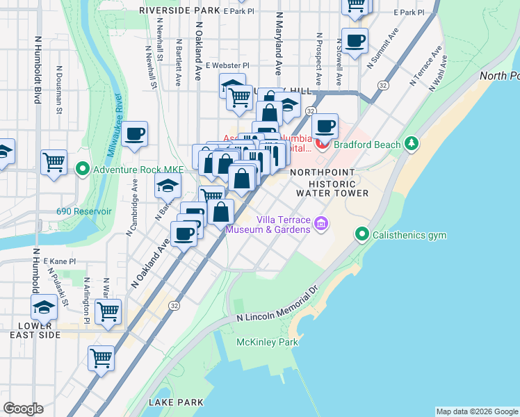 map of restaurants, bars, coffee shops, grocery stores, and more near 2233 North Summit Avenue in Milwaukee