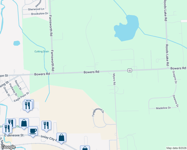 map of restaurants, bars, coffee shops, grocery stores, and more near 1428 Bowers Road in Lapeer