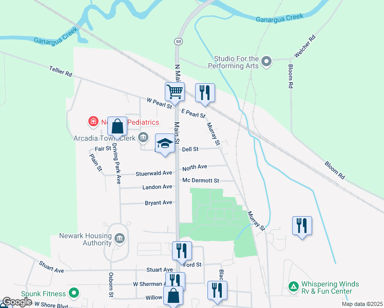map of restaurants, bars, coffee shops, grocery stores, and more near 118 Dell Street in Newark