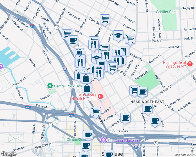 map of restaurants, bars, coffee shops, grocery stores, and more near 416 Butternut Street in Syracuse