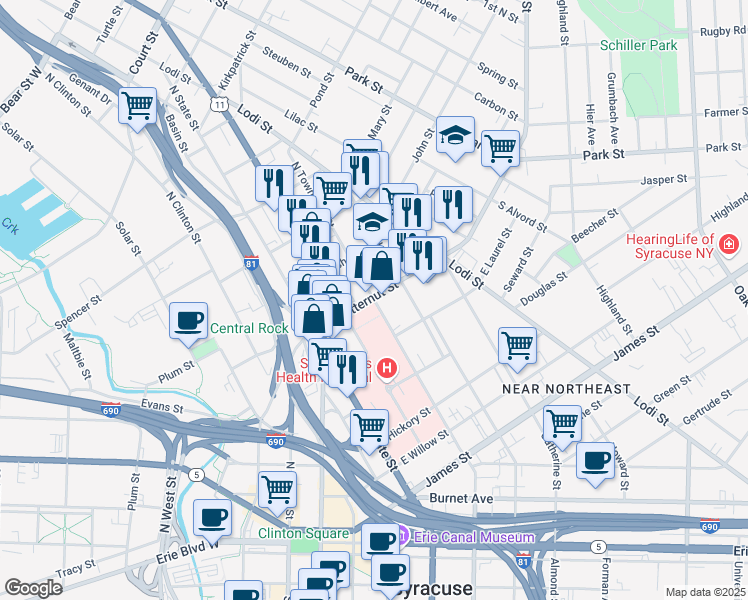 map of restaurants, bars, coffee shops, grocery stores, and more near 809 North Townsend Street in Syracuse