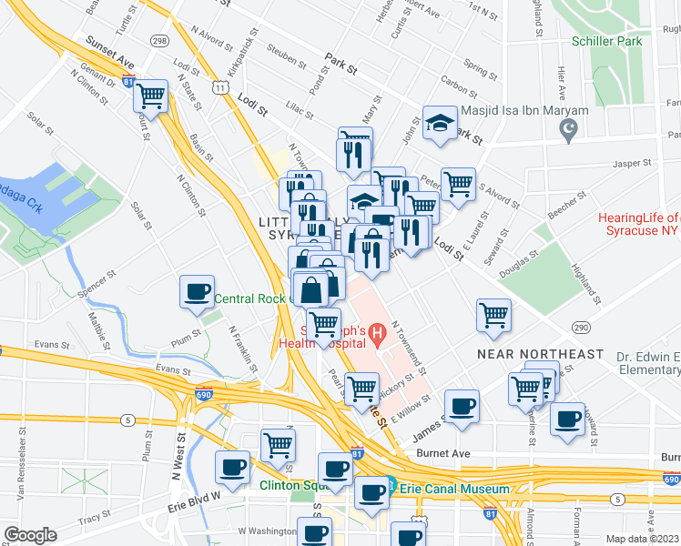 map of restaurants, bars, coffee shops, grocery stores, and more near 809 North Townsend Street in Syracuse