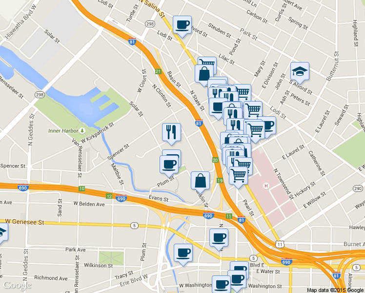 map of restaurants, bars, coffee shops, grocery stores, and more near 689 North Clinton Street in Syracuse