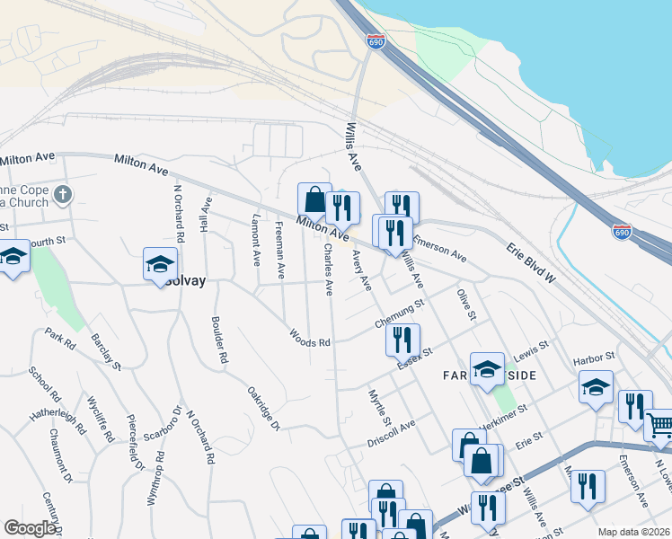 map of restaurants, bars, coffee shops, grocery stores, and more near 113 Charles Avenue in Syracuse