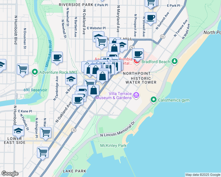 map of restaurants, bars, coffee shops, grocery stores, and more near 2233 North Summit Avenue in Milwaukee