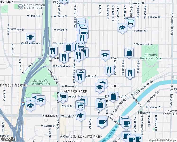 map of restaurants, bars, coffee shops, grocery stores, and more near 2212 North Doctor Martin Luther King Junior Drive in Milwaukee