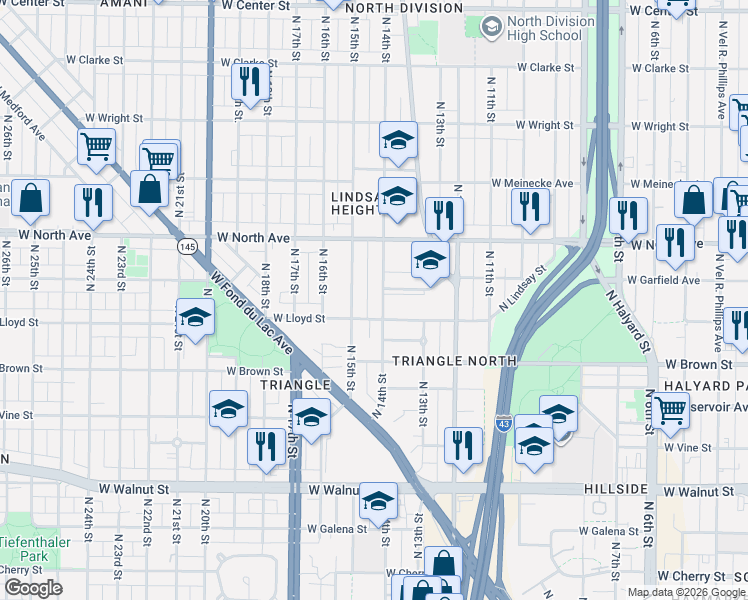 map of restaurants, bars, coffee shops, grocery stores, and more near 2202 North 14th Street in Milwaukee