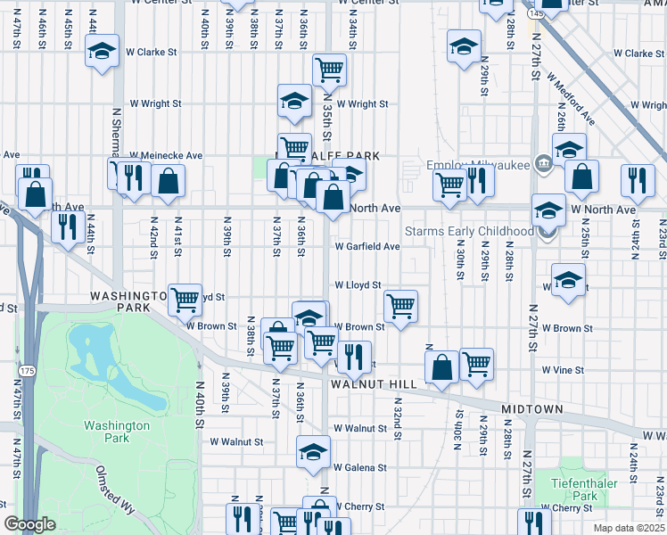 map of restaurants, bars, coffee shops, grocery stores, and more near 2166 North 35th Street in Milwaukee