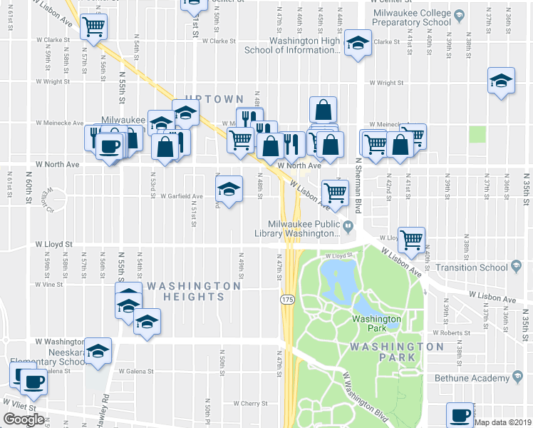 map of restaurants, bars, coffee shops, grocery stores, and more near 2184 North 48th Street in Milwaukee