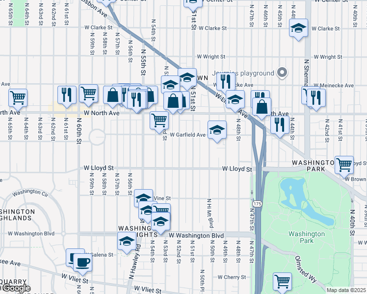 map of restaurants, bars, coffee shops, grocery stores, and more near 2183 North 51st Street in Milwaukee