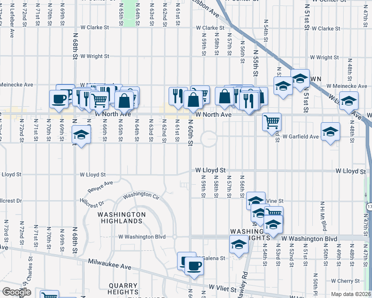 map of restaurants, bars, coffee shops, grocery stores, and more near 2202 North 61st Street in Wauwatosa